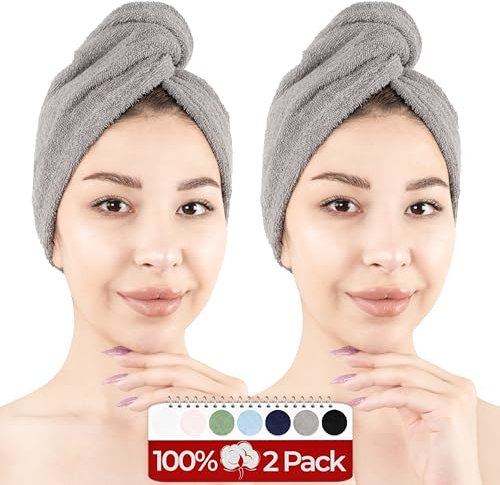 Hammetex 2er Set Badehandtuch 100% Baumwolle, Flauschig Saugstark und Schnelltrocknend, Handtuch mit Knopf für Haare, Damen, Hellgrau