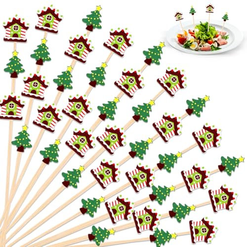 SRIZIAN 100 Piezas Palillos para Cócteles Navideños, Árbol y casa de Navidad Brochetas Cocktail Palillos de Cóctel de Bambú para Comida Fruta Aperitivos Fiesta Decoración