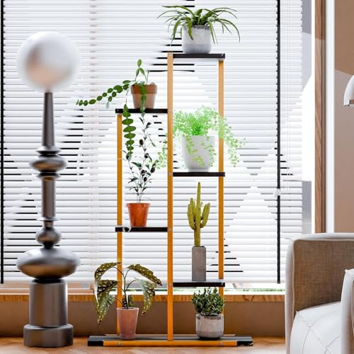 Pflanzenständer, Metall-Holz-Eck-Blumentopf-Halter, 6 Etagen, 7 Töpfe, mehrere Ausstellungsregale, hoher Blumentopf-Display für Schlafzimmer, Garten, Balkon, Terrasse, Outdoor (schwarz)
