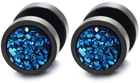 COOLSTEELANDBEYOND 10MM Herren Damen Schwarz Kreis Ohrstecker Ohrringe mit Blau Funkeln, Edelstahl Fake Plugs Ohr Cheater Tunnel Gauges