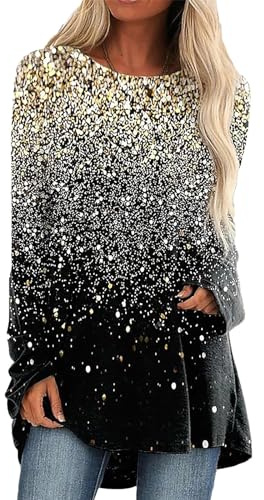 Party Oberteil Damen Glitzer Glitter Oberteile Rundhals Hemd Langarm Sparkle Party Pailletten Longbluse Oberteil Große Größen Sexy Bluse Elegant Glitzer Glitzertop Glitzerbluse Festliche Outfit