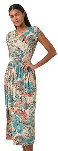 Roman Originals Midi Dress with Pockets for Women UK Ladies Stretchy Jersey Maxi Long 3/4 Length Sleeve Gathered High Waist Boho Flattering Skater Swing Fit Flare - Paisley Light Blue - Size 10