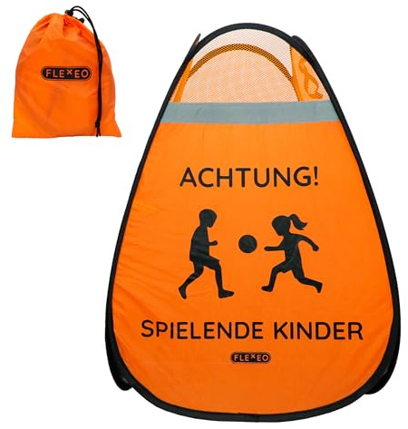 Warnwürfel Achtung spielende Kinder - Aufsteller Pop Up mit Reflektorstreifen für hohe Sichtbarkeit und verstärktem Boden - Straßenwarnaufsteller Vorsichtsschild Warnung (Orange, 2 Stück)