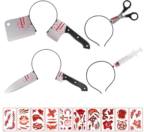 Halloween Haarreif,Messer im Kopf Halloween Haarreif Set mit Spooky Accessoires und Tattoo Aufklebern – 4 Teile für gruselige Kostüme, 8 Halloween Tattoos, 100% Kunststoff, elastisch