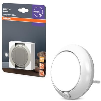 OSRAM LUNETTA Round Nachtlicht Weiß mit Sensor; LED-Technik; 3 lm Lichtstrom; 3000 K Warmweiß; Ein-/Ausschalter; Steckdosenmontage