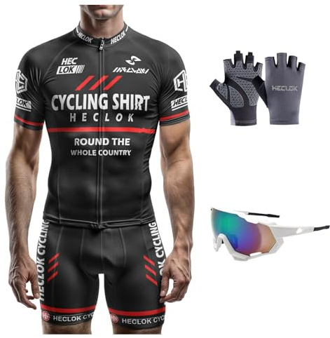 HECLOK Men's Cycling Jersey & Bib Shorts Set - Short Sleeve Breathable Quick-Dry Bike Outfit for Road & Mountain Biking | Moisture-Wicking Fabric with 9D Gel Padding