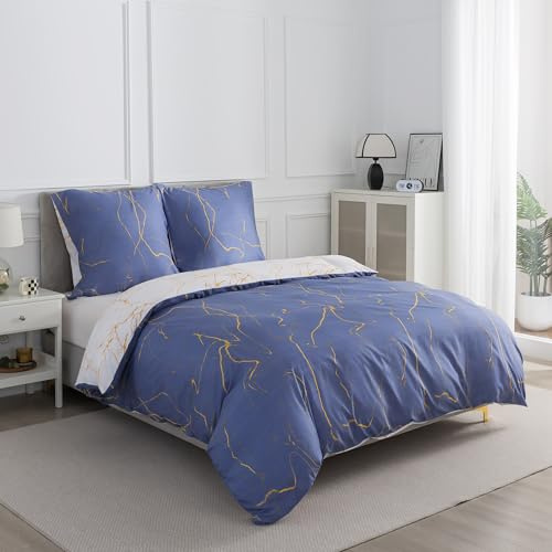 WUMIUER Marmor Bettwäsche 240x220 3teilig Bettbezug - Blau Weiß Marmoriert Wendebettwäsche Bettwäsche-Set 240 x 220 cm und 2 Kissenbezüge 80x80cm mit Reißverschluss Weich Leicht Bettdeckenbezug