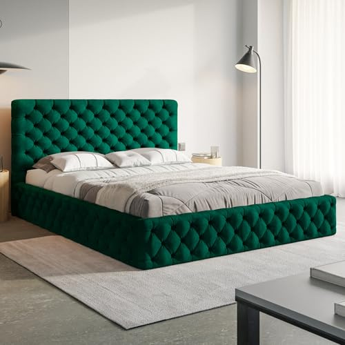 MOTIVENA Dalia Chesterfield Bett 180x200 Grün Samt, mit Stauraum, mit Kopfteil, mit Lattenrost, ohne Füße, ohne Matratze, Chesterfield Polsterbett 180x200 mit Bettkasten Grün (Dunkelgrün)