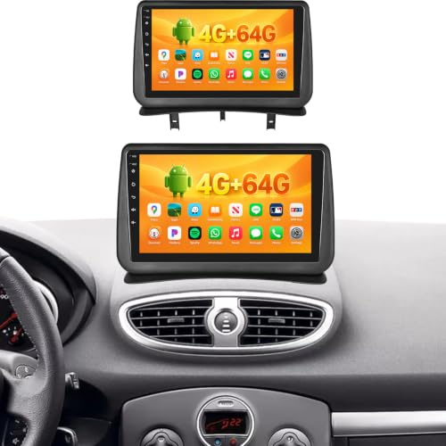OiLiehu 4+64G Android 13 Autoradio para Renault Clio 3 2005-2014 Carplay Android Auto Pantalla Radio Coche 9 Pulgadas con Mirror Link Bluetooth FM/RDS GPS WiFi SWC EQ Cámara de Visión Trasera