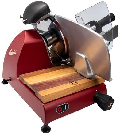 Schneidemaschine Berkel Red Line 250 matt rot mit Fassholz-Einlegebrett – 250 mm Klinge, Profi Allesschneider/Aufschnittmaschine
