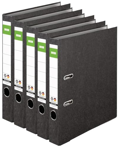 Original DINOR Ordner-Wolkenmarmor-Recycling - Made in Germany. DIN A4 schwarz Aktenordner Briefordner Büroordner Pappordner Schlitzordner Grüner Balken Blauer Engel (Schmal 5er Pack)