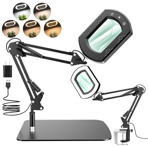 15X Rectangle Lupe mit Licht und Ständer, LED Echtes Glas Lupe mit Licht und und Klemme, 5 Farbmodi Stufenlos Dimmbar, Schwenkarmlupe, Freihändige Lupenleuchte für Naharbeiten und Lesen