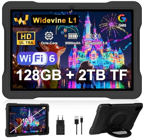 Tablet 10 Zoll Android mit 5G WiFi 6, Octa-Core, 20GB RAM + 128GB ROM (TF 2TB), Widevine L1, Pädagogische IWawa App, 6000mAh,Bluetooth 5.0, 1280 * 800,GMS ,2026 Neueste Tablet mit Eva Case - Schwarz