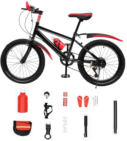 Guoked 20 Zoll Kinderfahrrad Mountainbike, Kohlenstoffstahl Fahrrad Tragfähigkeit 75KG Rot 7 Gang Höhenverstellbar mit Trinkflasche Aufbewahrungstasche Fahrrad Kinder Ab 8 Jahre Jungen Mädchen