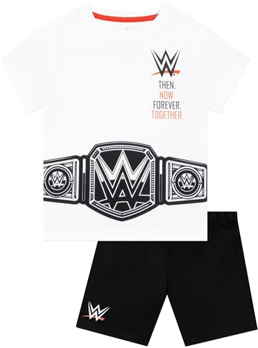 WWE Pigiama Bambino, Set Corto Maglietta E Shorts, Cintura Campione Kids Pyjamas, Bianco 6-7 Anni