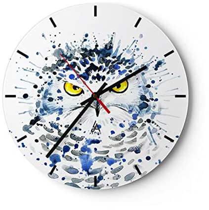 Modern Wanduhr Mode Design Eule Aquarell 40x40cm Rund Groß Wand Uhr Glas Analog Zimmeruhren Küche Büro Wohnzimmer Glasuhr Wall Clock Dekoration Design Wanddekoration Küchenuhr C3AR40x40-2838