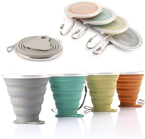 ME.FAN Tasse de Voyage Pliable en Silicone avec couvercles – Ensemble de gobelets Extensibles sans BPA, Portable, gradué [23,7 oz], 4 Pack-PowderBlue-Light Gray-Yellow Green-Light Brown, 4 * 9.22oz