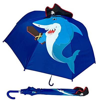 HECKBO Kinder Regenschirm Stockschirm Hai Motiv mit 3D Piratenmütze - Umbrella Jungen Mädchen - Kindergarten und Schule Zubehör - zur Einschulung für die Schultüte als kleine Aufmerksamkeit