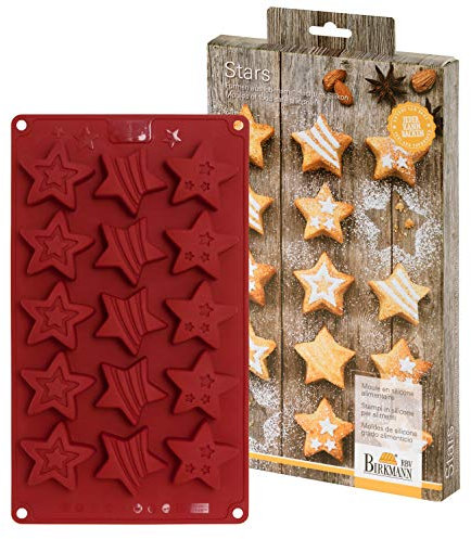 Birkmann 252608 Mini-Cakes Stars, klein 15-Fach, Silikon, Durchmesser 4 cm, mit Rezepten Silikonbackform, 1500 Cubic_Centimeters, Rot