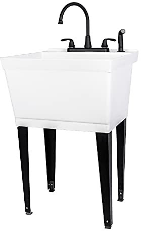 JS Jackson Supplies Utility Sink Laundry Tub with Pull Out Duel Setting Faucet by, Heavy Duty Slop Sinks for Basement, Laundry Room, Garage or Shop, Large Free Standing Wash Station (Black Faucet)