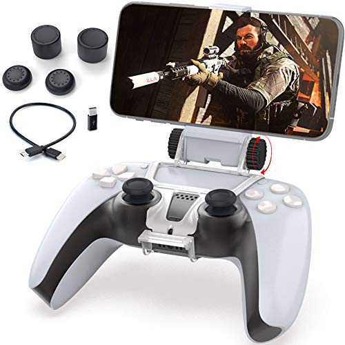 Megadream Controller Clip for PS5, Supporto per Controller for Playstation5, Supporto per iPhone/Android con PS Remote Play–Cavo OTG Incluso/4 Tappi per Impugnatura/Convertitore di Tipo C