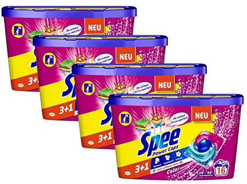 Spee Power Caps Color 3+1, Colorwaschmittel, 64 (4 x 16) Waschladungen, Reinheit, Strahlkraft und Frische für deine Buntwäsche zum schlauen Preis, 20-60°