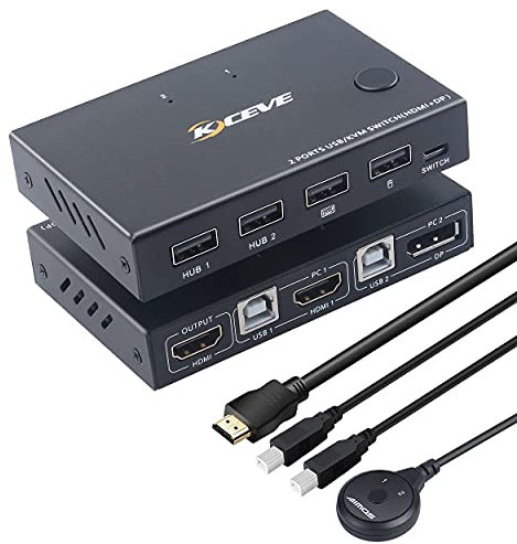 2 Port DisplayPort KVM Switch, Computer HDMI USB KVM Switcher Box For Share Keyboard, Mouse, Support for 1920 * 1200@30Hz And 4k@30Hz Monitor