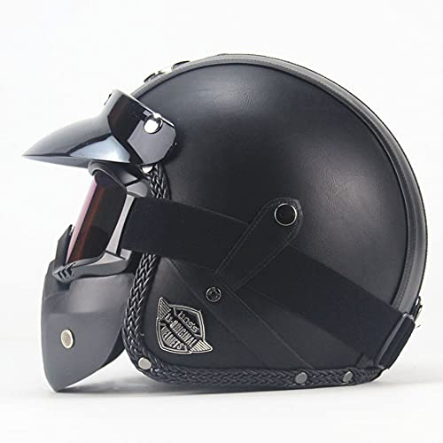 Motorradhelm Retro Jethelm Unisex Vintage Open Face Leder-Helm Winter Winddichter Motorrad Roller Helm, Mit Brille und Maske, ECE Genehmigt Jethelm Für Damen Und Herren M~XXL