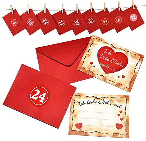 KOHMUI Adventskalender mit 24 Karten Ich Liebe Dich, Weil in 24 roten Umschlägen, Kärtchen mit 24 Zahlenaufkleber, Ein Natur Seil, 24 Holzklammern für Männer, Frauen, Paare