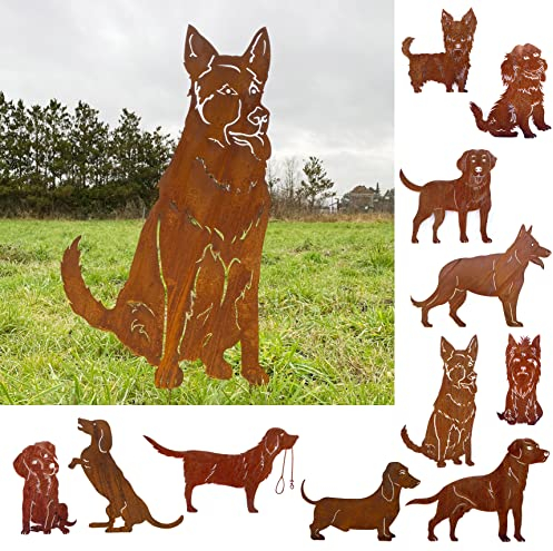 Gartenfigur Hund Schäferhund sitzend groß 80x46cm Gartenstecker Edelrost Gartendeko Wetterfest Rost Metall Rostfigur Hunde Figur Tier von Steinfigurenwelt