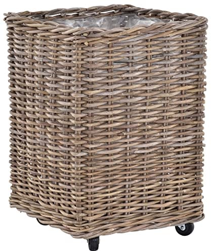 Pflanzkorb Rattan grau groß Pflanzkübel Blumentopf mit Rollen Rollkorb Rattankorb (Säule quadratisch)