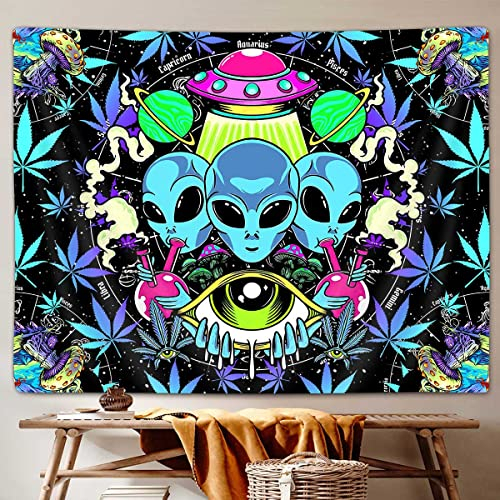 Cooles Trippy Weed Tapisserie, lustiger Alien-UFO Batik-Marihuana-Blatt-Tapisserie, Wandbehang für Männer Schlafzimmer, psychedelischer Pilz, Cannabis, College-Schlafsaal, Heimdekoration (60x40)