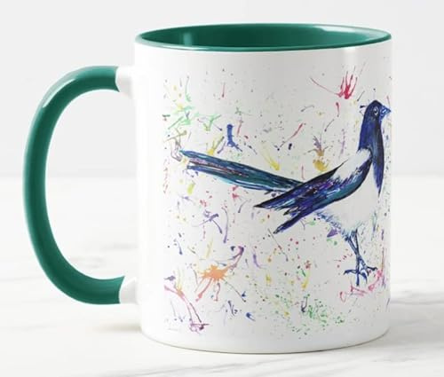 Vixar Magpie Bird Watercolour Art Coloured Mug Cup Gift Birthday Work Office Christmas Tea Coffee (D Green)
