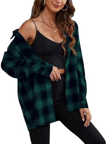 Zontroldy Chemise à carreaux en flanelle pour femme surdimensionnée à manches longues boutonnée, noir/vert, Taille L