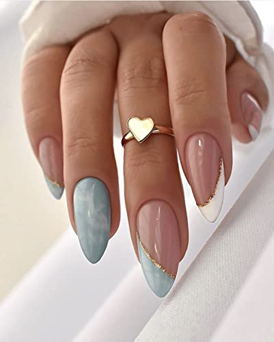 Sethexy Mandel Kurz Falsche Nägel Weiß French Press on Nails Aufgepresste Nägels Blau Quarz Glänzend Fake Nails 24 Stück Acryl Nägel aufkleben für Frauen und Mädchen