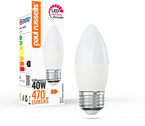 paul russells LED Candle – Dimmable Edison Screw Light, 5.5W 470 LM E27 C37 LED Bulbs, 40w Equivalent, 4000K Cool White/Natural White, Dimmer ES Energy Saving Ceiling Lightsbulbs, Pack of 1