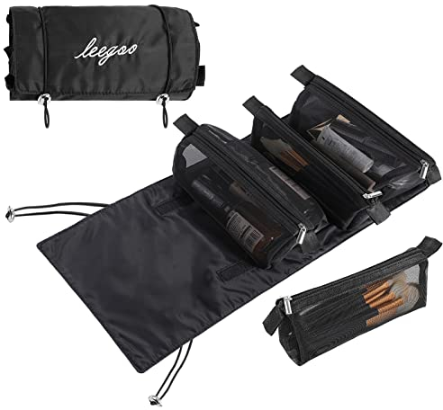 Schwarz Reise Netzbeutel Kosmetiktasche Damen, Abnehmbare 4-in-1-Kosmetiktaschen zum Aufhängen, Aufrollbare Organizer-Tasche, Make up Organizer für Damen & Herren
