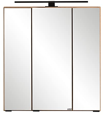 Lomadox Spiegelschrank Bad mit Beleuchtung 60 cm 3 türig Badezimmer in Kaschmir Eiche, B/H/T ca. 60/64/20 cm