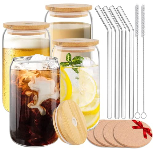 BIKALAN Juego de 4 vasos de cóctel de cerveza, vasos de café helado con pajita, 2 cepillos de limpieza, vaso en forma de lata para familia, camping, fiesta, bar (16 oz) (16 oz)