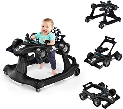 COSTWAY Girello per Bambini 4 in 1, Girello Pieghevole con Altezza e Velocità Regolabili, Carillon con Luci, Volante, Primi Passi per Bambini 6-18 Mesi, Portata 12 kg (Nero)