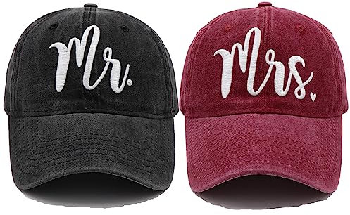 Hiwelove Mr & Mrs EST 2023 Hüte für Männer Frauen, Braut Bräutigam Hüte 3D Bestickte Baseball Caps Set Hochzeit Geschenke für Paare, Schwarzer Mr Hat und roter Mrs. Hat, Einheitsgröße