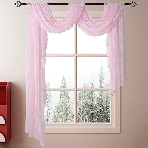 Ricemru Spitze Gardinen Freihandbogen mit Blumen Muster Rosa Querbehänge Fensterdekoration Freihanddeko Gardine Schiebevorhänge Spiztengardinen Vintage Vorhang Hochzeitsbogen Deko 75x300cm