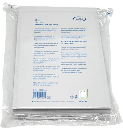 MaiMed Lot de 50 gants de toilette jetables pour bébés et adultes - Doux pour la peau - Pour un usage sec ou humide - Idéal pour les soins quotidiens - Blanc