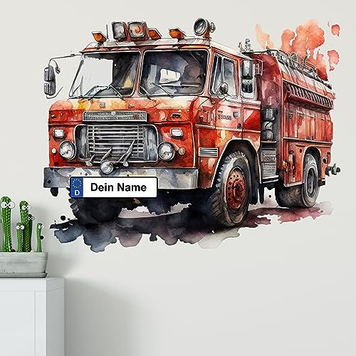 GRAZDesign Wandtattoo Feuerwehr Kinderzimmer Junge mit Namen personalisiert, Wand Aufkleber Tattoo Kinder Auto, Feuerwehrauto Wandaufkleber für Jungenzimmer 51x40cm