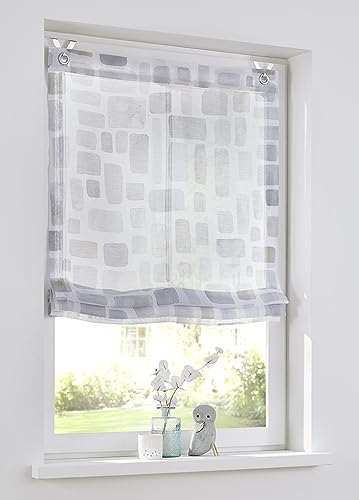Glen Raffrollo weiß mit Hakenaufhängung, halbtransparent, Raffgardine mit Ösen, modern Bedruckt grau Taupe, Polyester pflegeleicht, 80 x 140 cm