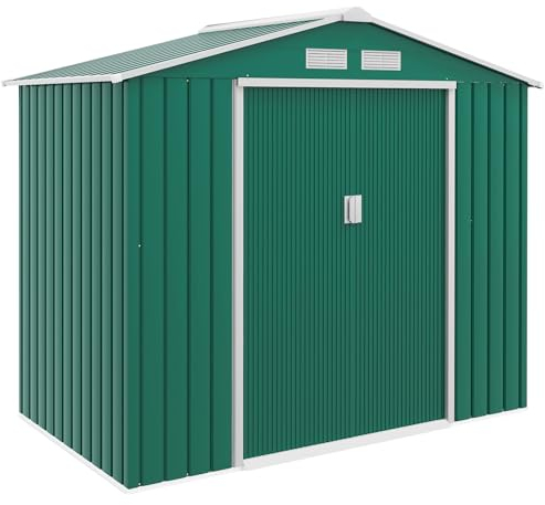 Outsunny Cobertizo de Jardín 2,42m² con Base de Refuerzo Sin Suelo 213x130x185 cm Caseta de Jardín Exterior con 2 Puertas Correderas y 4 Ventanas para Almacenamiento de Herramientas Verde Oscuro