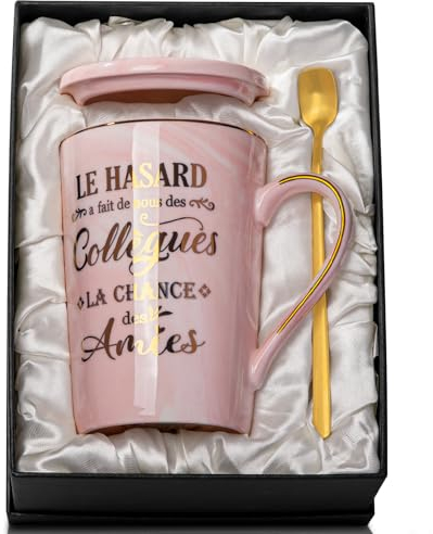 Doublewhale Cadeau Collegue de Travail Femme, Cadeaux de Saint Valentin pour collègues, Cadeau Départ Collègue, 400 ml Rose Marbré Mug Collegue de Travail avec Cuillère, Boîte Cadeaux, Annive