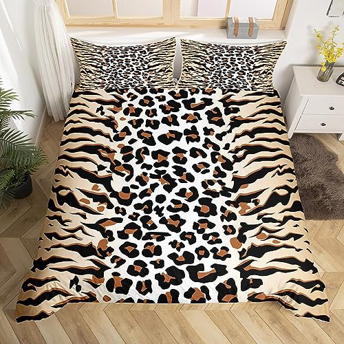 Leopard Print Bettbezug Set S Größe,Gepard Zebra Haut Streifen Bettwäsche Set,Kinder Mädchen Frau Zimmer Dekor,Tiere Pelz Rustikale Bauernhaus Tröster Abdeckung,Braun Retro Quilt Cover,1 Kissenbezug