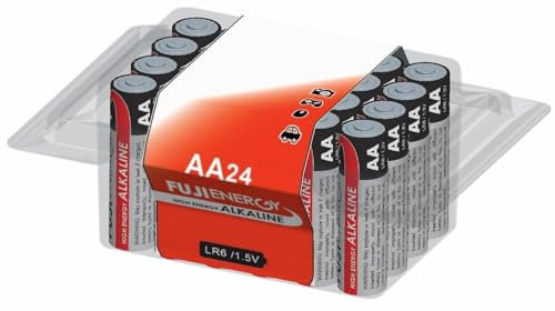 FUJI ENERGY AA Batteries - Alkaline 1.5V - Up To 100% Extra Life - Reliability For Everyday Devices - 10 Year Shelf Life - LR6 MN1500, 24 Count (Pack of 24 - Resealable Box Pack)