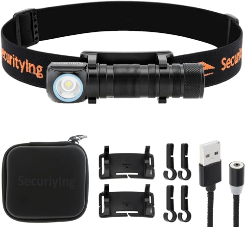 SecurityIng Head Torch Rechargeable, 1130 Lumen Super Bright Head Lamp for Adults, Lightweight LED Head Light, 9 Modes Waterproof Right Angle Head Torch for Outdoor Camping Hiking, Built-in Battery